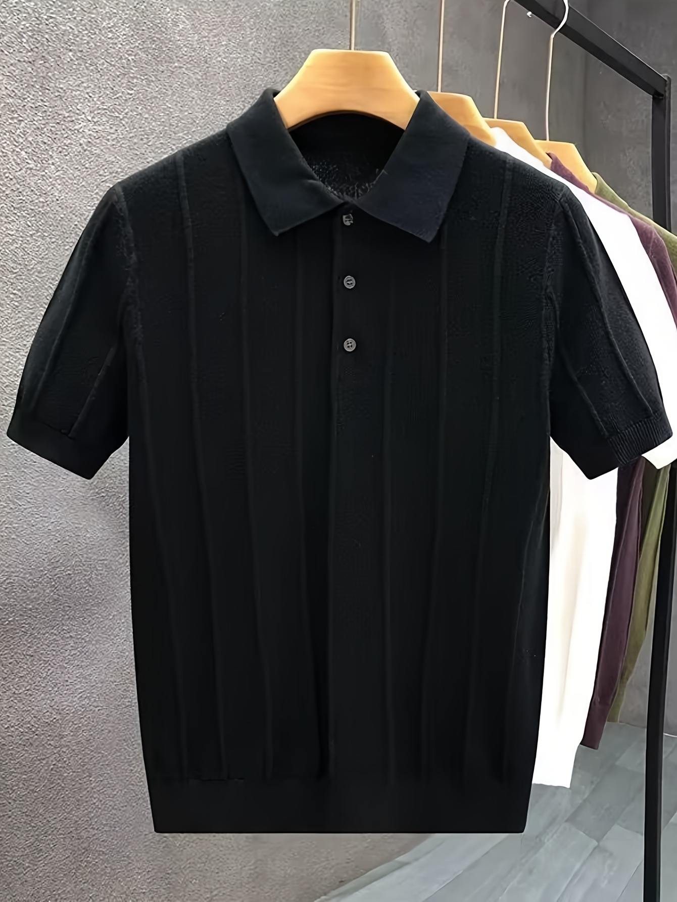 Polo Shirt Pique - 高級感のある縦縞テクスチャの半袖ポロシャツニットトップス メンズ - 夏の新作 無地襟付きウール