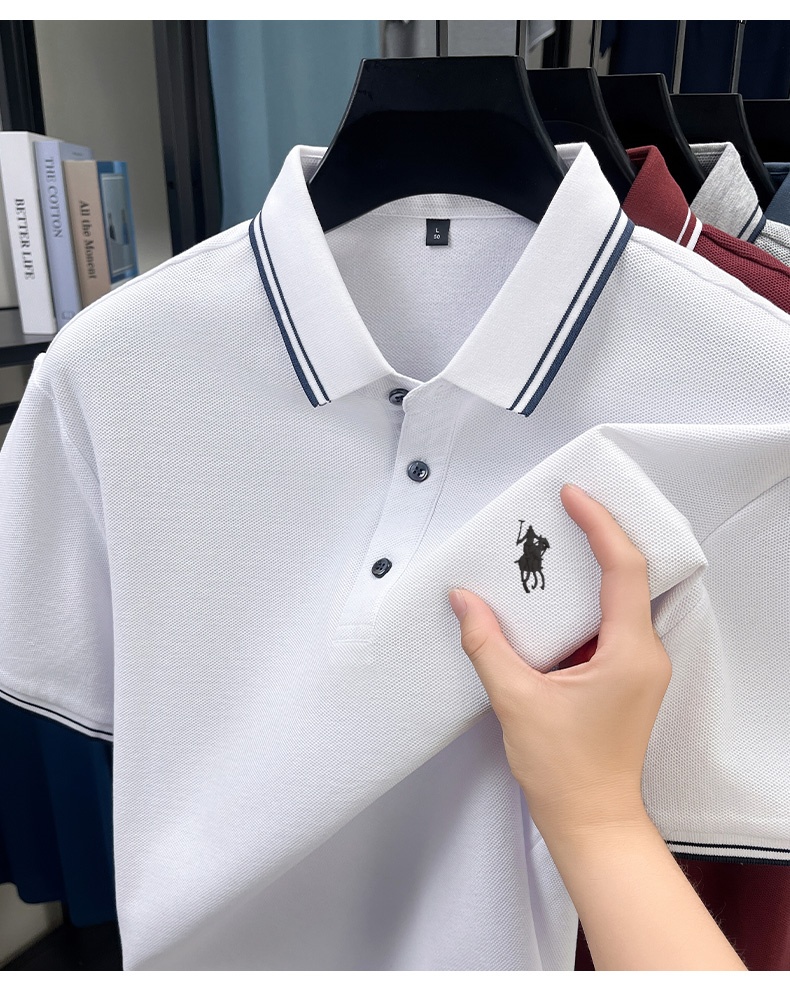 Polo Shirt Pique - 夏用ストライプ襟付きポロシャツ、100%通気性のあるピケコットン生地、無地ビジネスカジュアル半袖トップス