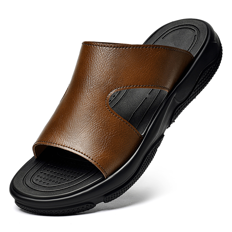 Flip Flop Leather Men - メンズレザースライドサンダル滑り止め厚底カジュアルスリッパ夏の屋外ビーチシューズ通気性軽量履物
