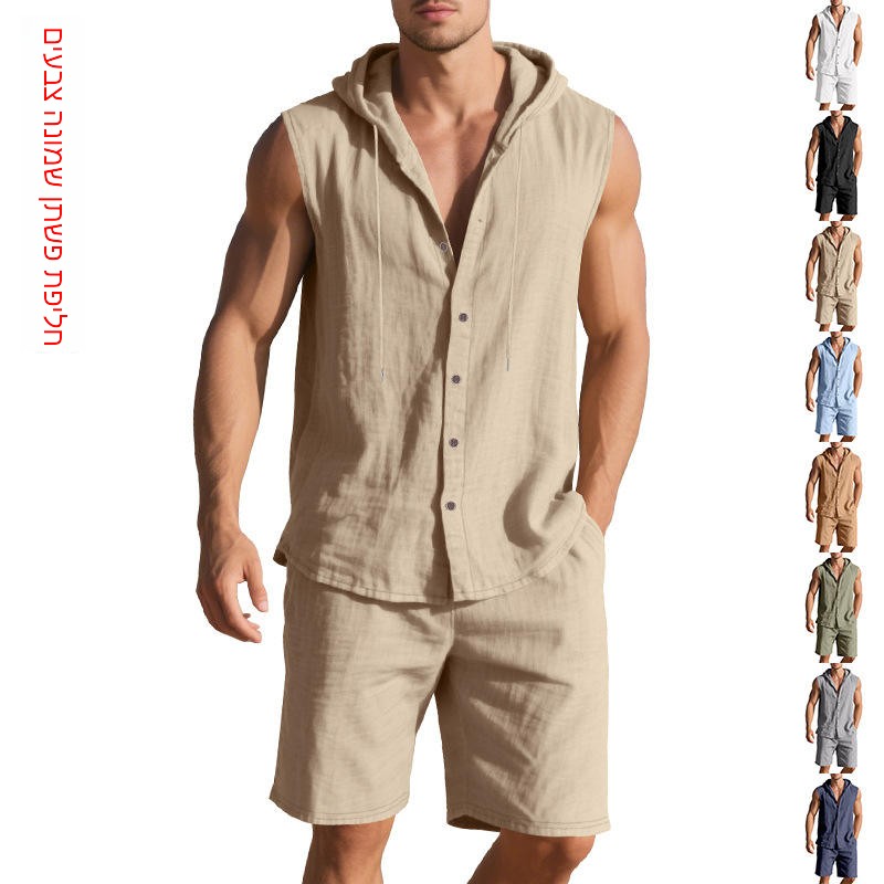 Linen Shirt Breathable - メンズサマーカジュアルルーズリネンノースリーブシャツショーツツーピースセット快適で通気性のある軽量フード付きジャケット