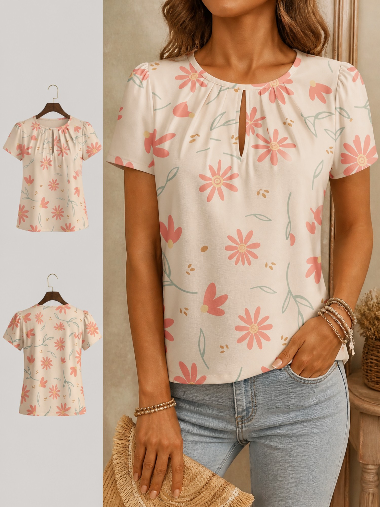 Resort Shirt Floral - 2026 新しいレディースラウンドネックエレガントTシャツ、半袖、ルーズフィット、カジュアルトップ、花柄プリント、オフィス/ビーチ/リゾートトップ