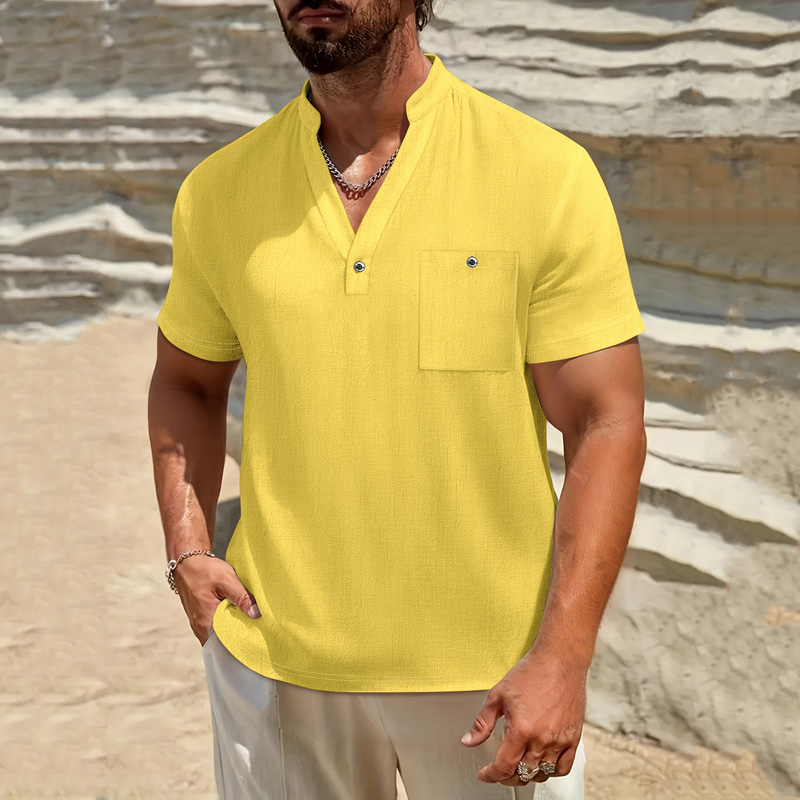 Linen Shirt Breathable - メンズコットンリネンヘンリーシャツ半袖バンドカラーボタン胸ポケットカジュアル通気性サマービーチバケーションデイリーTシャツ