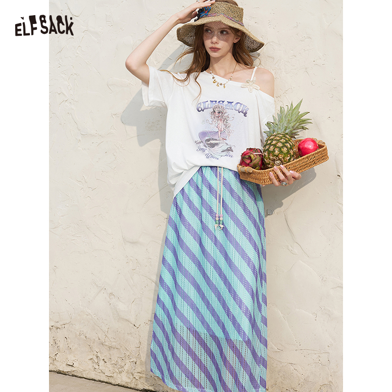 Tee Graphic Print - ELFSACK レディース オフショルダー ホワイト T シャツとミディニットスカートセット、夏用ストライプドレス付きグラフィックプリント