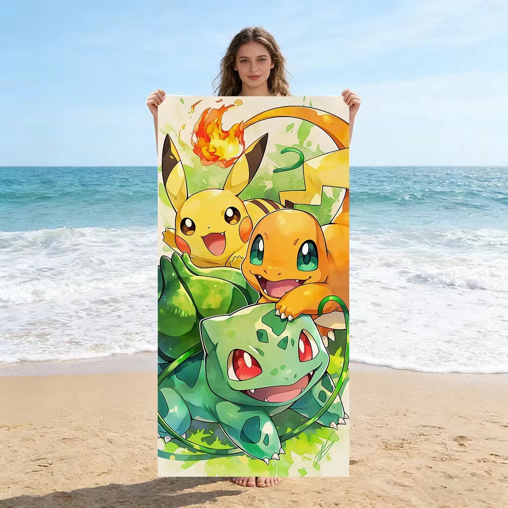 Beach Towel Large - P-ポケモン スターターズ アニメ ビーチタオル ピカチュウ ヒトカゲ