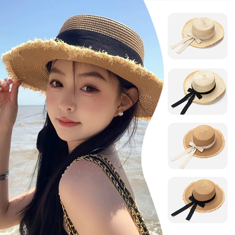 Packable Hat Nylon - 女性用麦わら帽子 蝶結び付き 夏用ビーチハット つば広 折りたたみ式 日よけ帽子