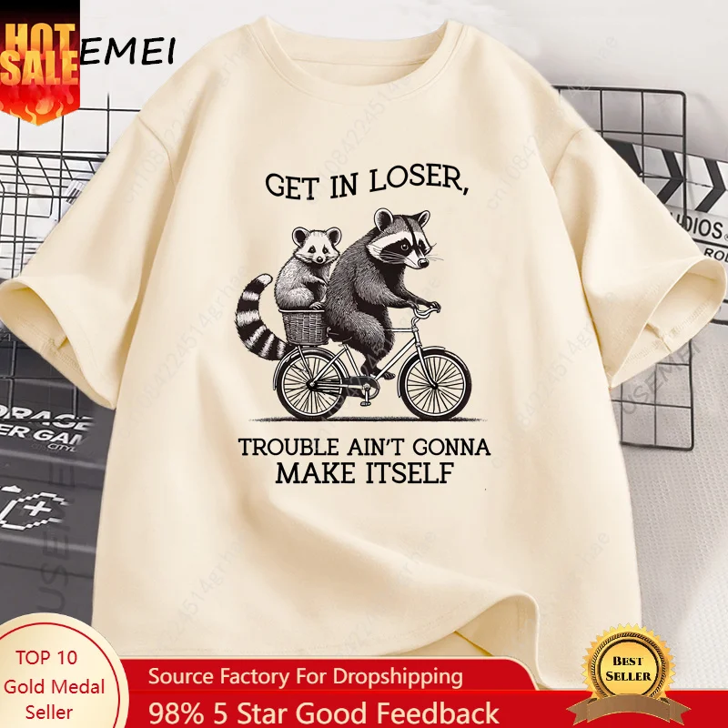 Tee Graphic Print - Get in Loser Tシャツ 面白いアライグマグラフィック Tシャツ