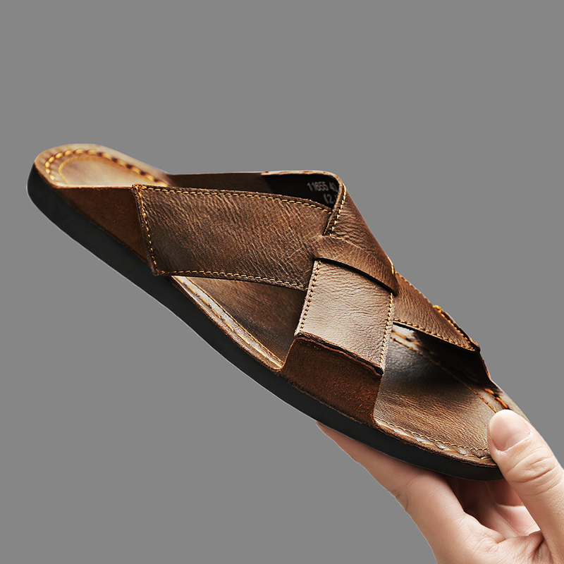 Flip Flop Leather Men - ファッション本革メンズスリッパ夏の男のサンダル屋外ビーチシューズ高品質カジュアルシューズ快適なビーチサンダル