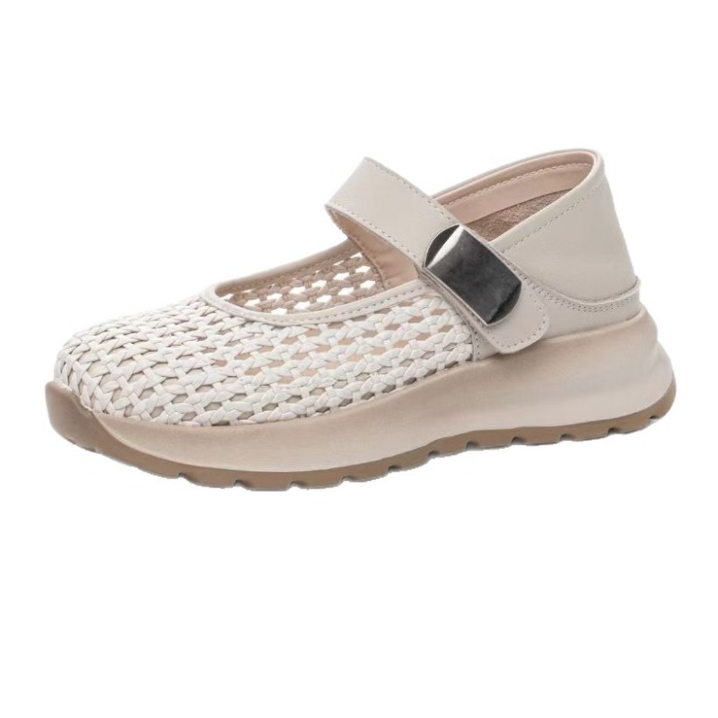 Espadrille Slip On - レディース本革編み込みマイクロファイバーパッチワークスリッポンメリージェーンフラットシューズ、メタルバックル付き、柔らかく快適なエスパドリーユシューズ