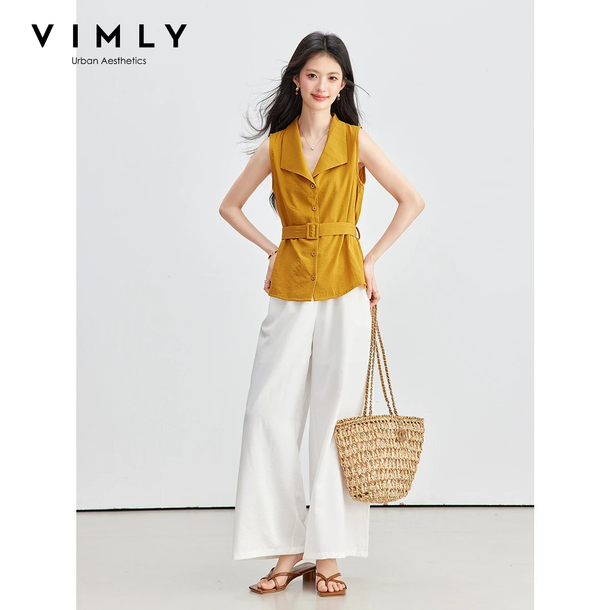 Shirt Camp Collar - VIMLY 女性夏通勤スーツ 2026 新しいノースリーブシャツ白 9 点ワイドレッグパンツ