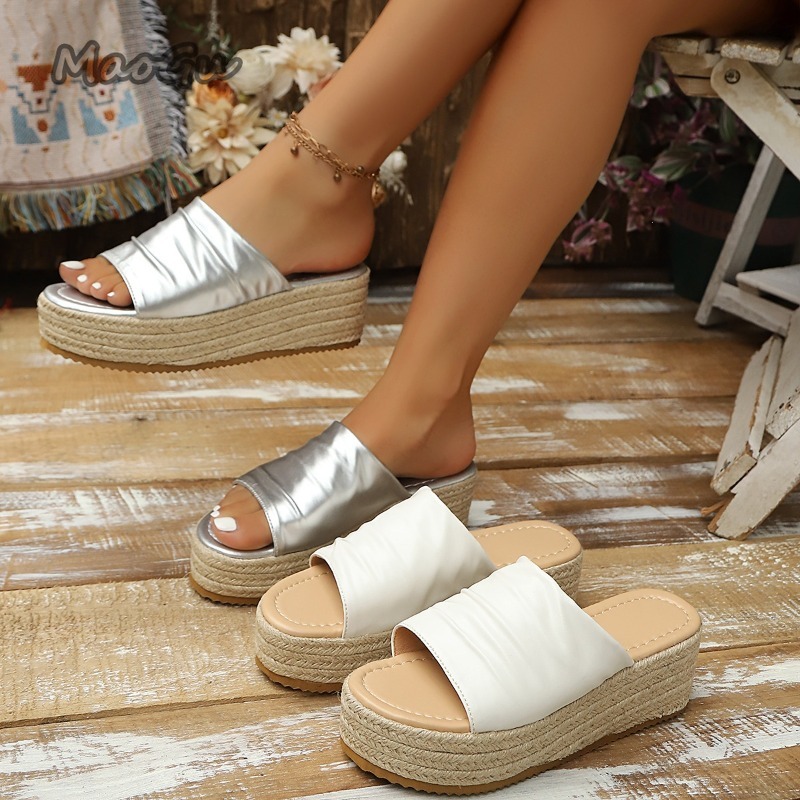Espadrille Slip On - レディース ラッフル エスパドリーユ ウェッジ スライド サンダル