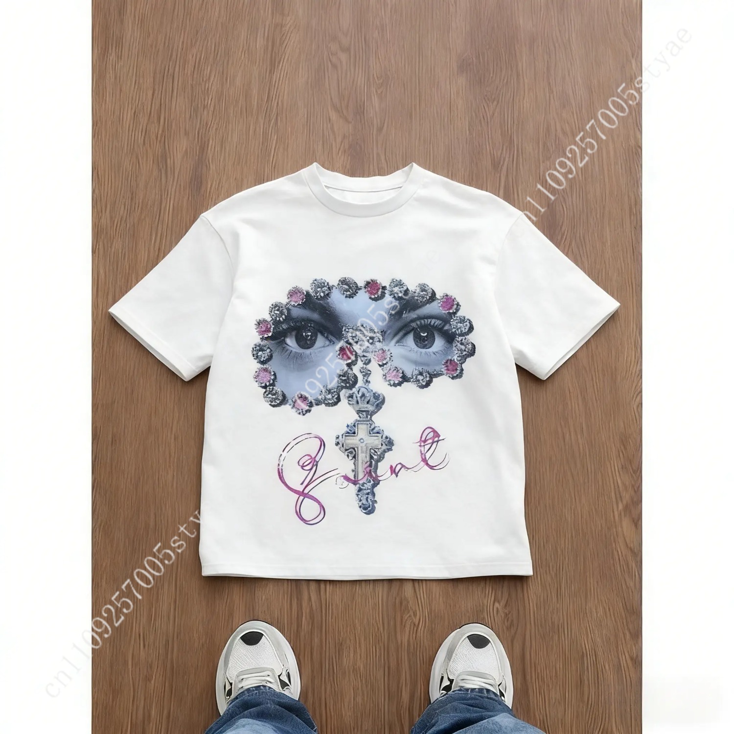 Tee Graphic Print - メンズ ルーズフィット グラフィックプリント Tシャツ、Y2K スタイル、宝石装飾アイクロスパターン、オールシーズンカジュアルウェア、ユニセックスストリートファッション