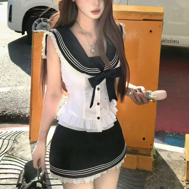 Shirt Camp Collar - カレッジスタイルの弓甘い 2 点セット女性甘いセーラーシャツ + ブルーミニスカートスーツ日本のかわいいノースリーブフリルセット 2025