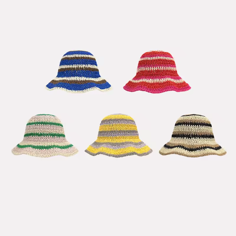 Bucket Hat Straw - 女性のための縞模様のニット麦わら帽子、中空の通気性のある帽子、日焼け止め、手作りのビーチバケットの帽子、折り畳み、カラフル、新しい