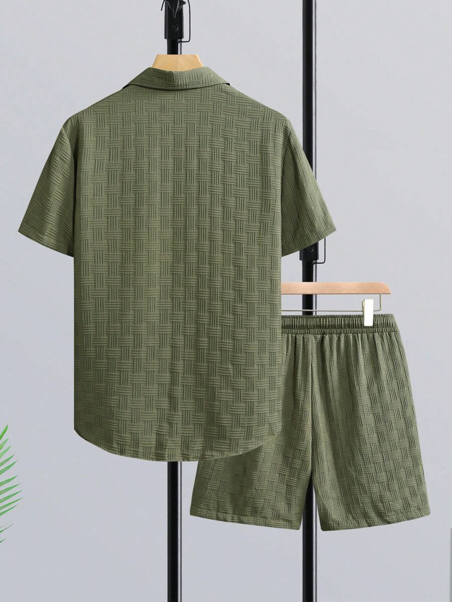 Short Linen Drawstring - Genlund メンズ マチュア バケーション 半袖シャツセット、メンズ ストライプシャツ＆ドローストリングウエストショーツ（Tシャツなし）、リネン、バケーション