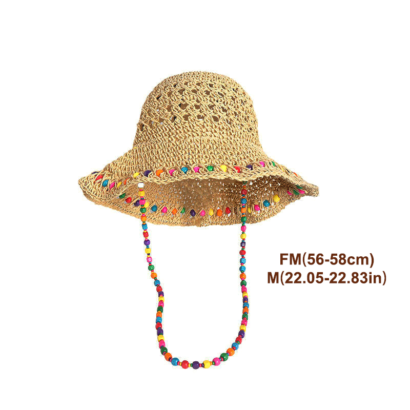 Bucket Hat Straw - レトロな多用途中空つば広ビーチストローハット、折りたたみ式ボヘミアンカラービーズストローサマービーチトラベル日焼け止めバケットハット
