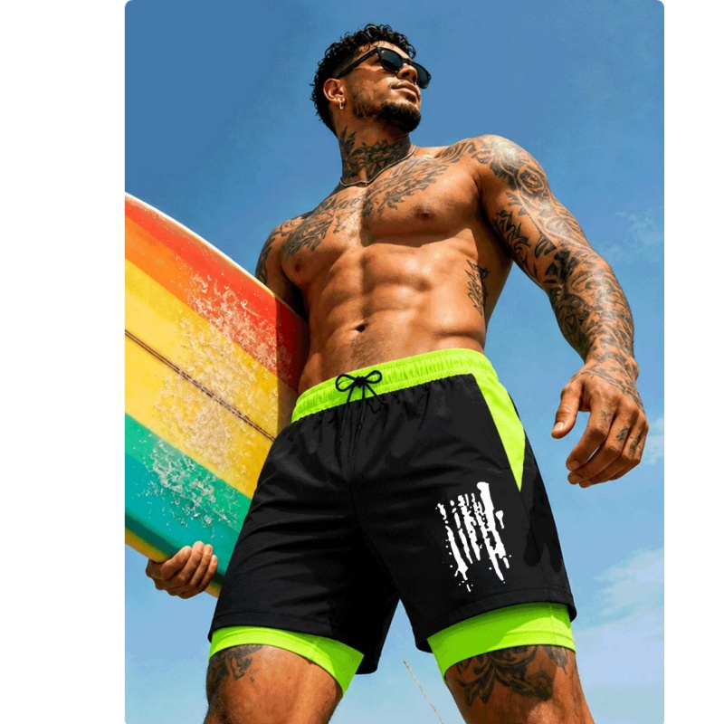 Trunks Board Surf - メンズ2in1ダブルレイヤー水着速乾サーフボードショーツ伸縮性ドローストリングビーチフィットネス水泳パンツ
