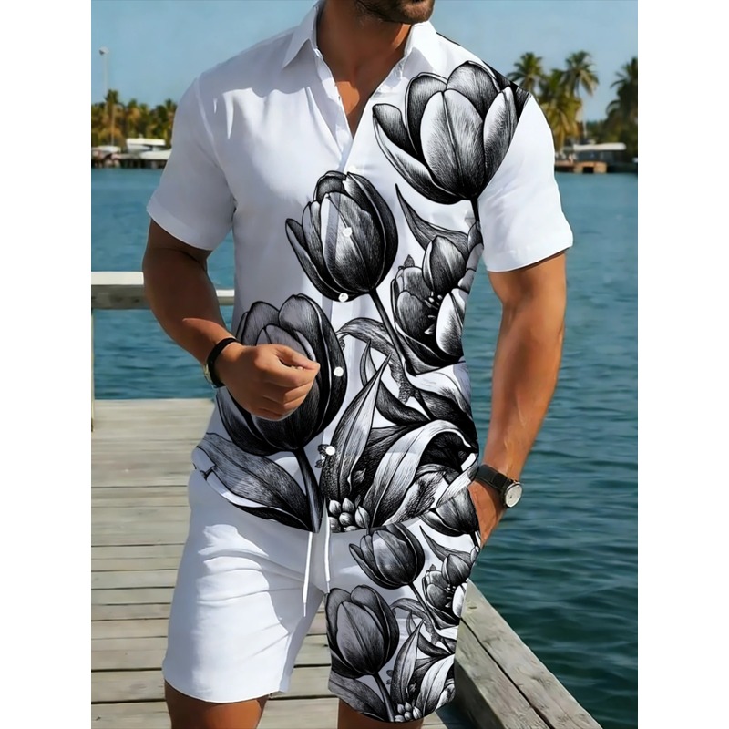 Resort Shirt Floral - メンズ白花柄プリントシャツとショートパンツセット、軽量ビーチウェア、リゾートでのバケーションやプールパーティーに最適なマッチングボトム付き