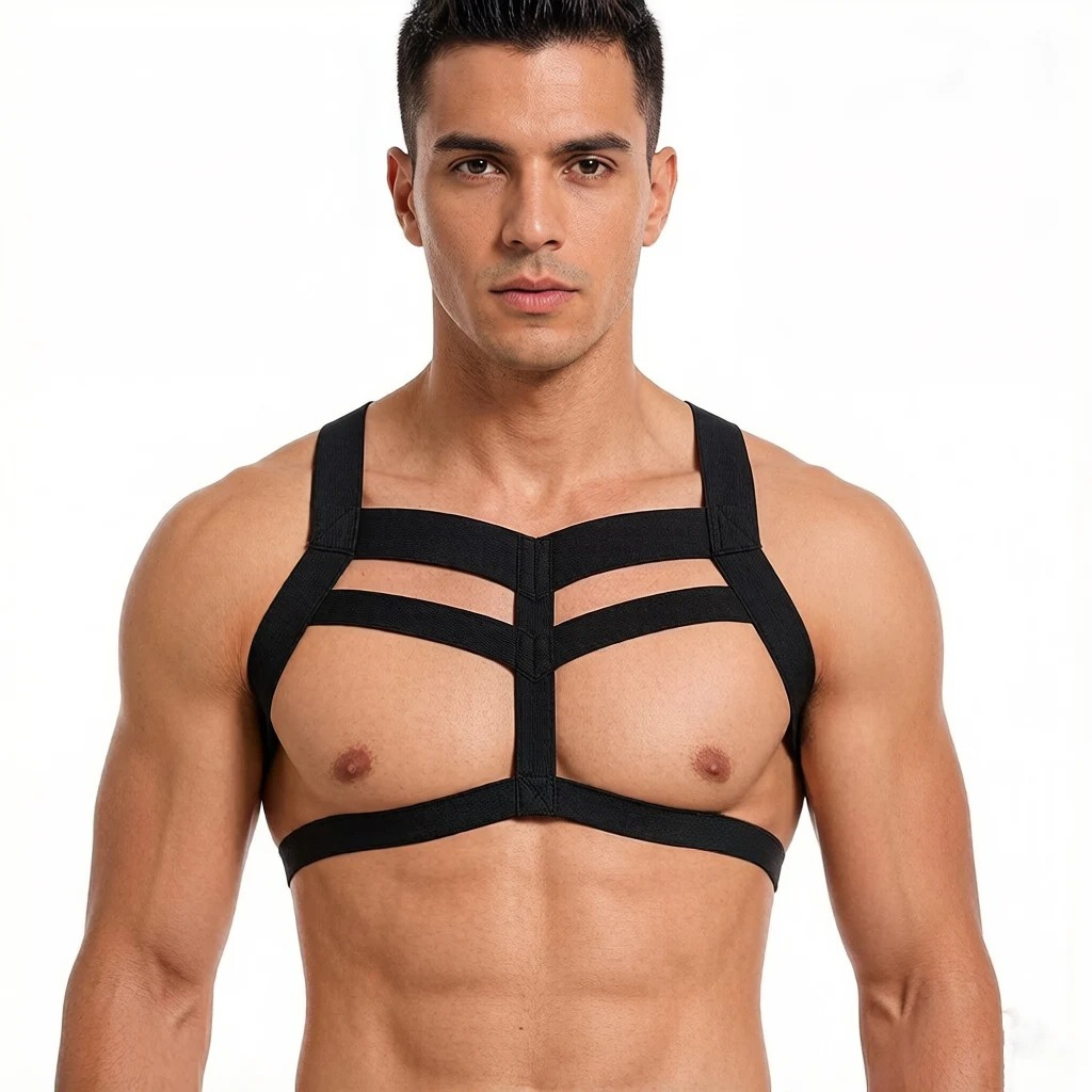 Tank Top Muscle - メンズハーネス調節可能なショルダーストラップナイトクラブ弾性タンクトップ男性筋肉ベルトクラブウェア衣装ボディ胸アクセサリー