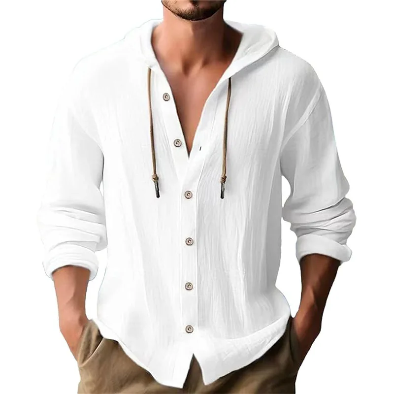 Short Linen Drawstring - メンズソリッドカラーカジュアル長袖シャツフード付き巾着コットンとリネンカーディガントレンディな多用途ルーズビーチTシャツ