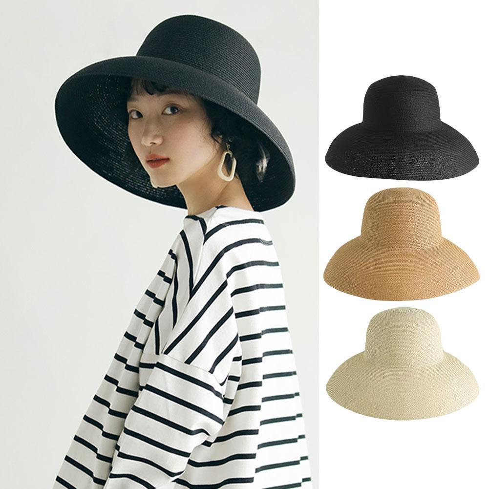 Bucket Hat Straw - ヘップバーンスタイルの広いつばの女性用麦わら帽子、ビーチで折りたためる漁師の帽子、手作りの日よけ帽、大きなひさし、フラットハット、フランス、夏