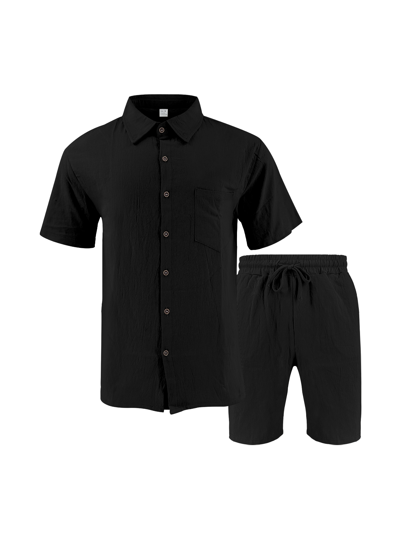 Linen Shirt Breathable - メンズリネンテクスチャードツーピースセット、襟付き半袖シャツ＆ドローストリングカジュアルショーツ、通気性のある夏休み用衣装