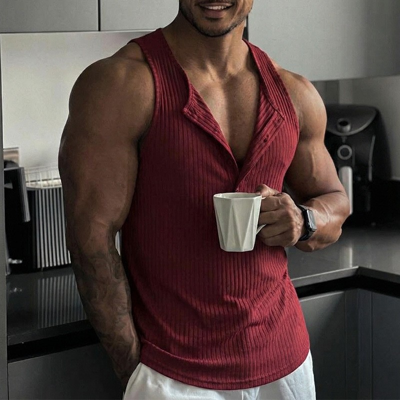 Tank Top Muscle - スポーティなタンクトップ、無地、クルーネック、ボタンフロント、リブ編み、Vネック、スリムフィット、クロップド丈、深いV字プラケットカラー、ノースリーブ、マッスルスタイル