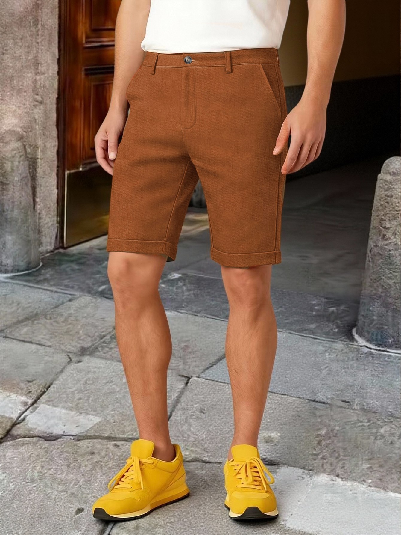 メンズ　裾が折り返された膝丈チノショーツ　95%ポリエステル - Shorts Chino Slim のレビューと価格