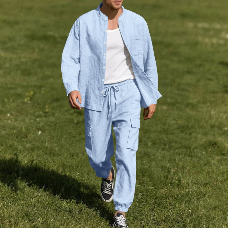 メンズリネン通気性ツーピースセット、スタンドカラー長袖シャツ - Linen Shirt Breathable のレビューと価格