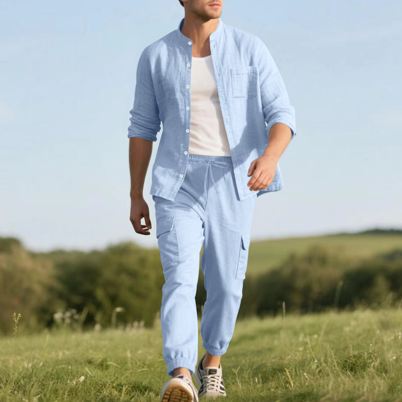 メンズリネン通気性ツーピースセット、スタンドカラー長袖シャツ - Linen Shirt Breathable のレビューと価格