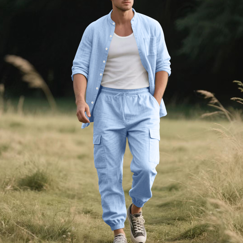 メンズリネン通気性ツーピースセット、スタンドカラー長袖シャツ - Linen Shirt Breathable のレビューと価格