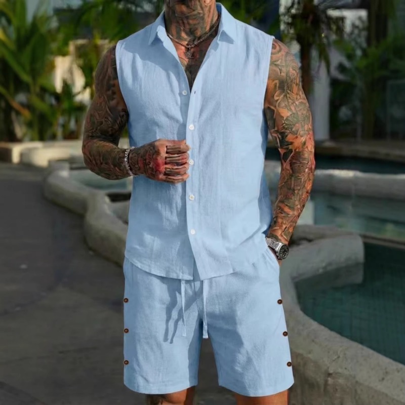 メンズ2ピースリネン風ノースリーブショートセット、ボタンダウ - Short Linen Drawstring のレビューと価格