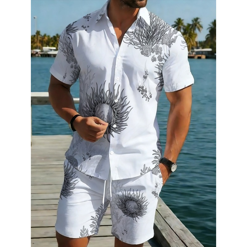 メンズ花柄ハワイアンシャツ＆ショーツセット ポリエステル 軽 - Resort Shirt Floral のレビューと価格