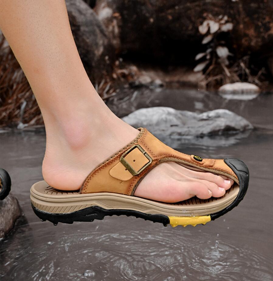 本革サンダル男性通気性夏の靴男防水屋外男性サンダル滑り止めビ - Flip Flop Leather Men のレビューと価格