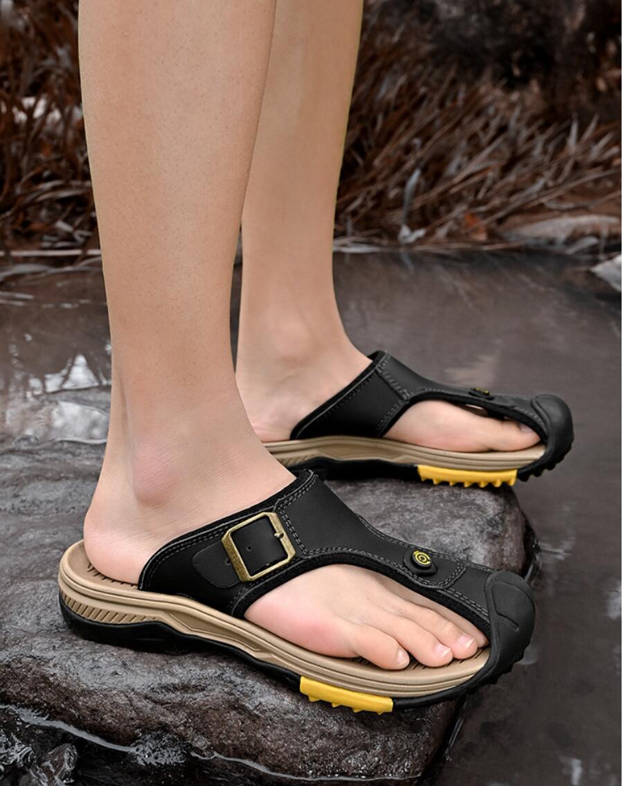 本革サンダル男性通気性夏の靴男防水屋外男性サンダル滑り止めビ - Flip Flop Leather Men のレビューと価格