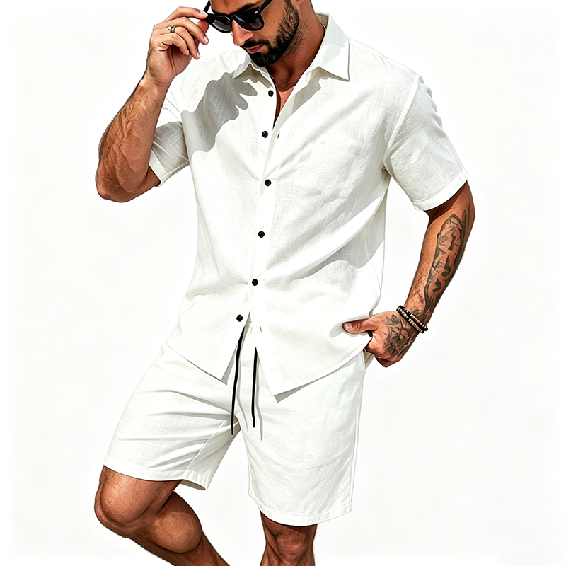 男性リネンツーピース衣装半袖ラペルボタンシャツ弾性ドロースト - Short Linen Drawstring のレビューと価格