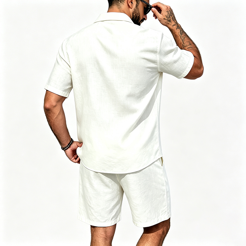 男性リネンツーピース衣装半袖ラペルボタンシャツ弾性ドロースト - Short Linen Drawstring のレビューと価格