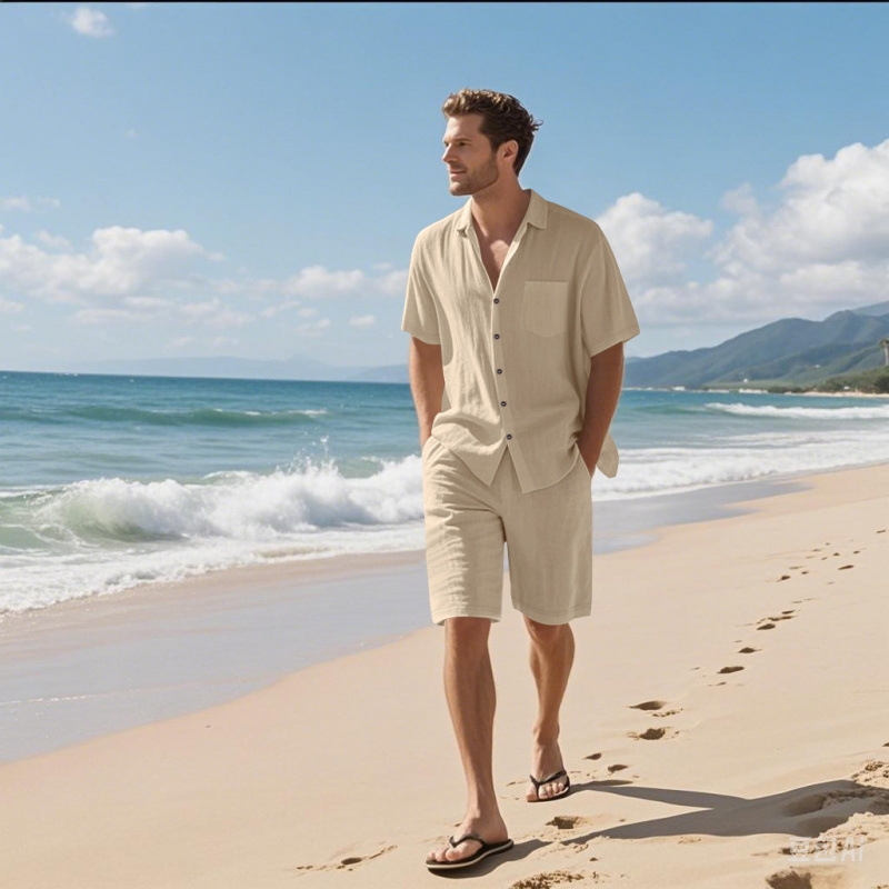 メンズリネンブレンドキャンプカラーシャツ＆ショーツセット、無 - Linen Shirt Breathable のレビューと価格