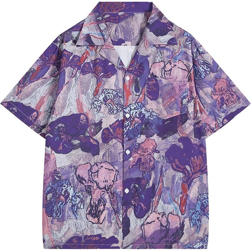 ヴィンテージ紫油絵アイリス花柄抽象フルプリントオーバーサイズ - Resort Shirt Floral のレビューと価格