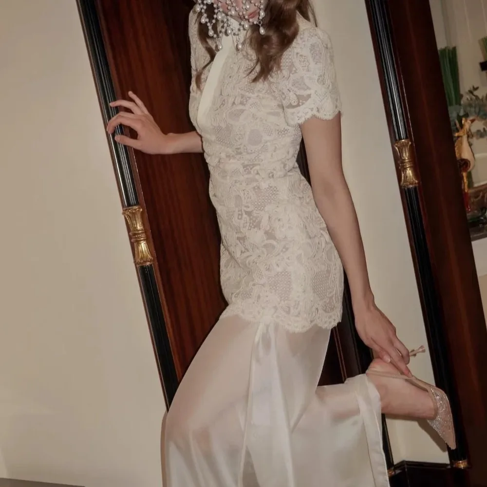 ヴィンテージハイカラー半袖花柄レースシャツドレス夏用海辺リゾ - Resort Shirt Floral のレビューと価格