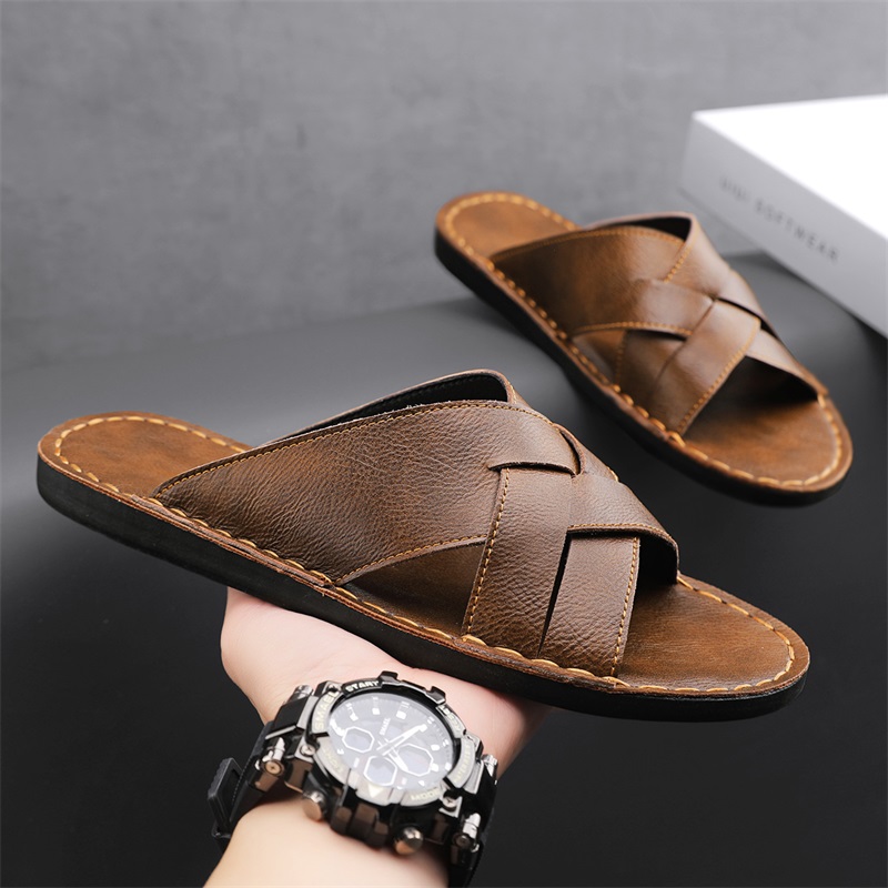 ファッション本革メンズスリッパ夏の男のサンダル屋外ビーチシュ - Flip Flop Leather Men のレビューと価格