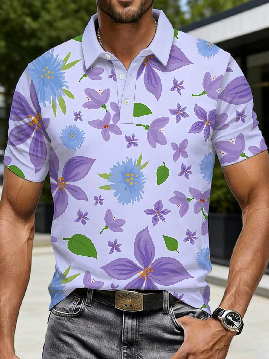 メンズ花柄プリントピケシャツ半袖カジュアルサマーアウトドア - Polo Shirt Pique のレビューと価格