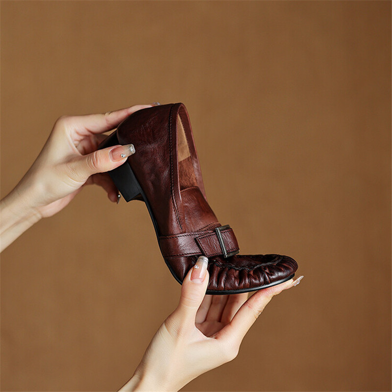女性用本革モカシン,丸いつま先の靴,プリーツパンプス,厚手の - Casual Sandal Leather のレビューと価格