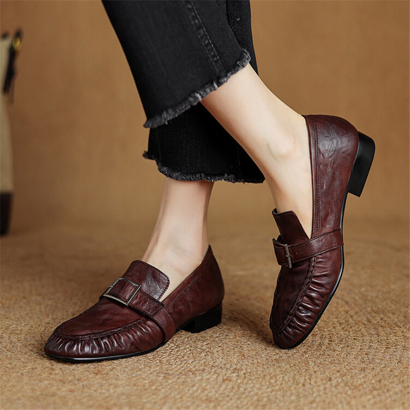 女性用本革モカシン,丸いつま先の靴,プリーツパンプス,厚手の - Casual Sandal Leather のレビューと価格