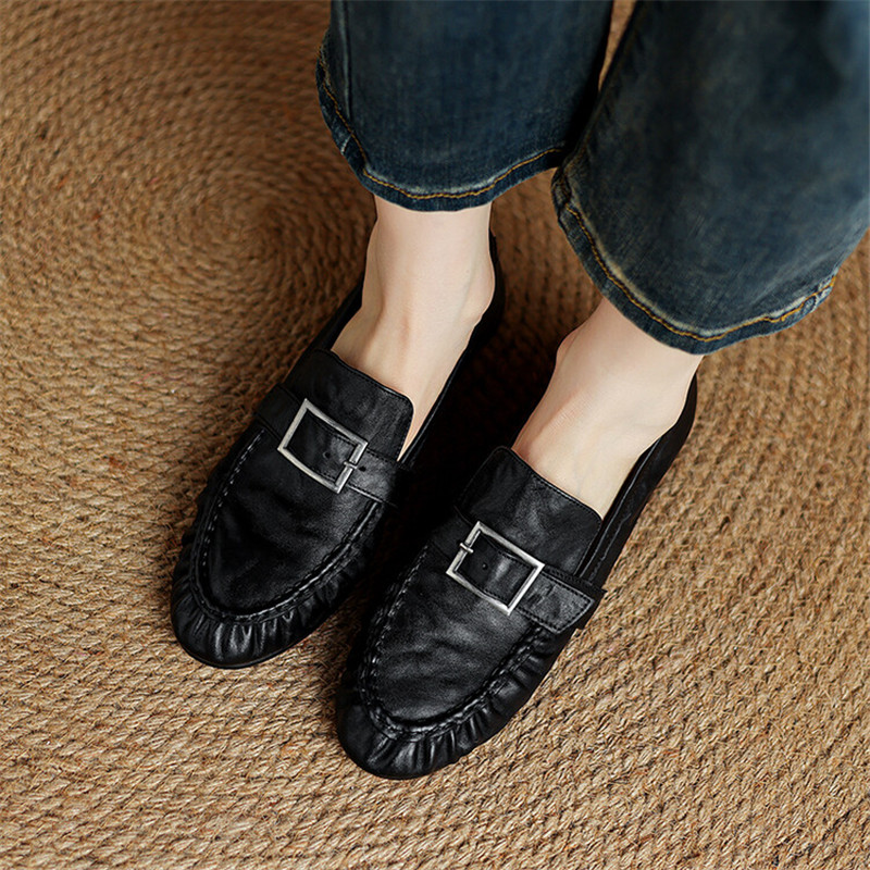 女性用本革モカシン,丸いつま先の靴,プリーツパンプス,厚手の - Casual Sandal Leather のレビューと価格