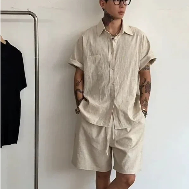 メンズリネンコットン2ピースセット、ゆったりとした半袖シャツ - Linen Shirt Breathable のレビューと価格