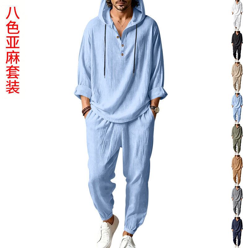 メンズサマーリネン2ピースセット、フード付きヘンリーショート - Short Linen Drawstring のレビューと価格