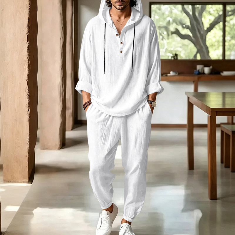 メンズサマーリネン2ピースセット、フード付きヘンリーショート - Short Linen Drawstring のレビューと価格