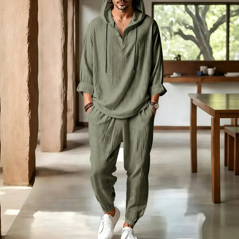 メンズサマーリネン2ピースセット、フード付きヘンリーショート - Short Linen Drawstring のレビューと価格