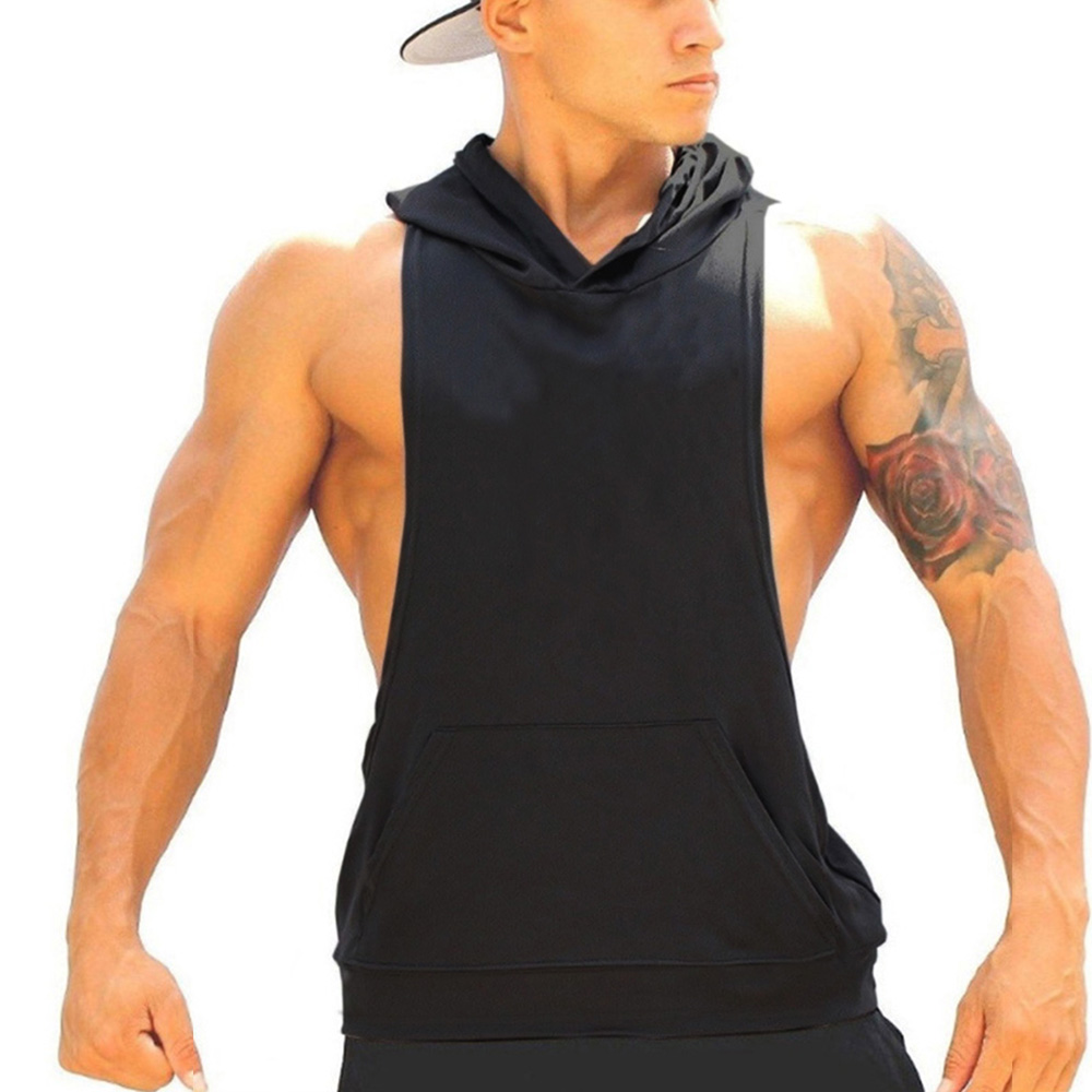 メンズボディービルフード付きタンクトップ、コットンノースリー - Tank Top Muscle のレビューと価格