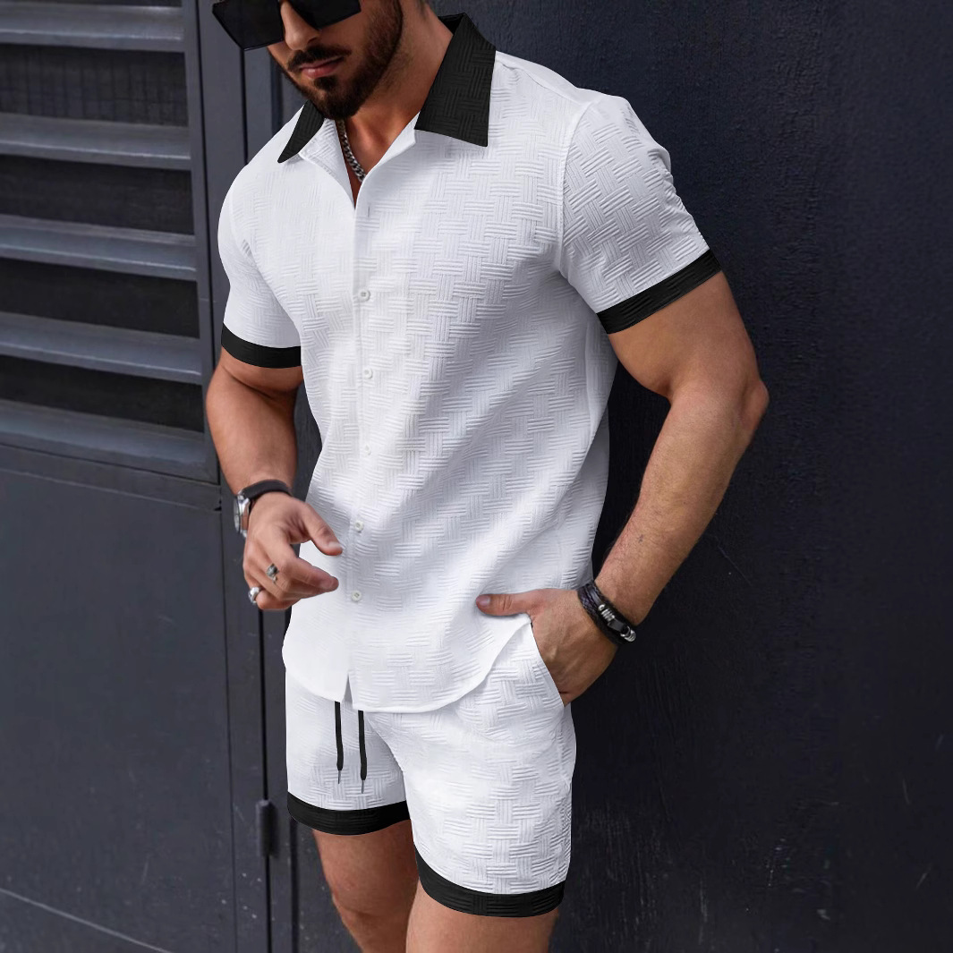メンズスーツセットアップ トレンド リネン半袖ジャカードシャ - Short Linen Drawstring のレビューと価格
